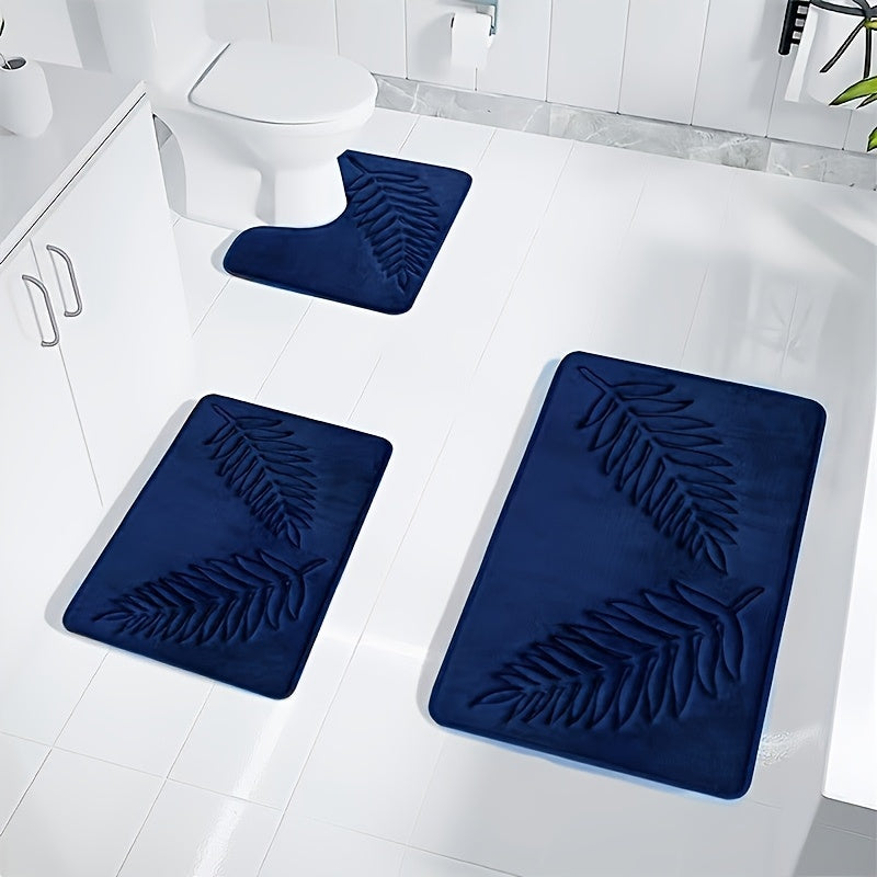 3pcs Leaf Embossed Pattern Bathroom Mat Set, Super Absorbent Bath Mat, Suitable for Bathroom, Bathtub, and Toilet