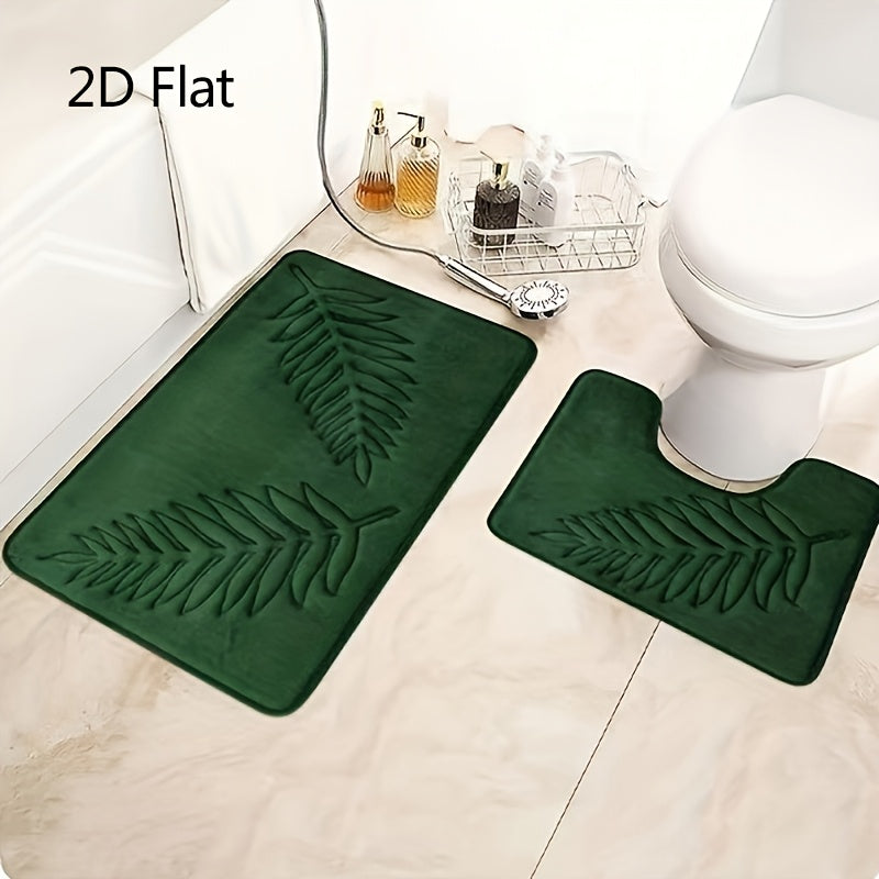 2D Flat Bathroom 2pcs Set Bath Mat, Memory Foam Bathroom Rug, Leaf Bath Mat, Non-Slip, Highly Absorbent, Plush Microfiber Bath Mat, Super Absorbent, Machine Washable Bathroom Rug, Suitable for Bathroom and Bathtub. Soft Absorbent Bathroom Rug, Non