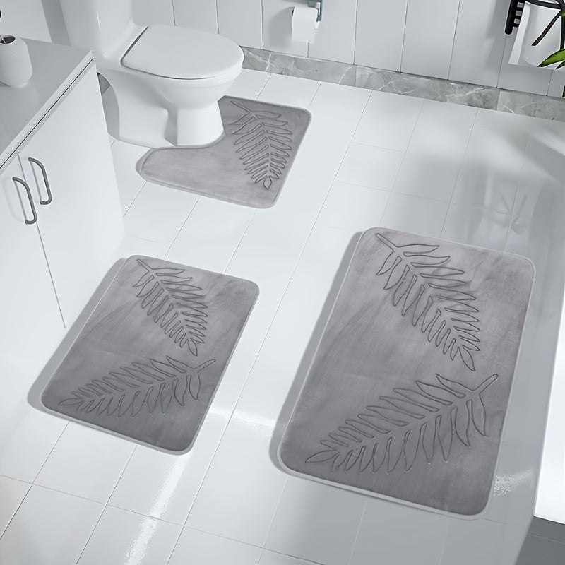 3pcs Leaf Embossed Pattern Bathroom Mat Set, Super Absorbent Bath Mat, Suitable for Bathroom, Bathtub, and Toilet