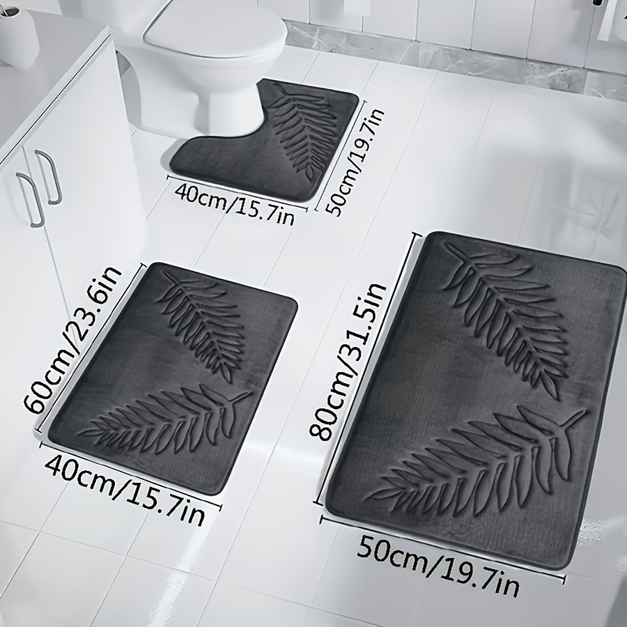 3pcs Leaf Embossed Pattern Bathroom Mat Set, Super Absorbent Bath Mat, Suitable for Bathroom, Bathtub, and Toilet