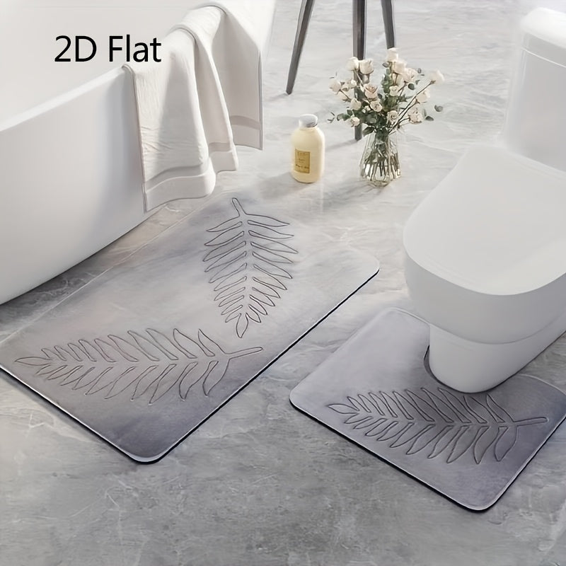 2D Flat Bathroom 2pcs Set Bath Mat, Memory Foam Bathroom Rug, Leaf Bath Mat, Non-Slip, Highly Absorbent, Plush Microfiber Bath Mat, Super Absorbent, Machine Washable Bathroom Rug, Suitable for Bathroom and Bathtub. Soft Absorbent Bathroom Rug, Non