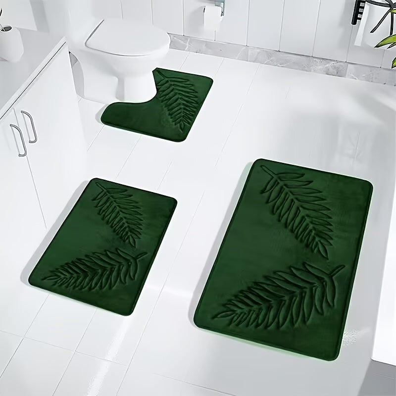 3pcs Leaf Embossed Pattern Bathroom Mat Set, Super Absorbent Bath Mat, Suitable for Bathroom, Bathtub, and Toilet